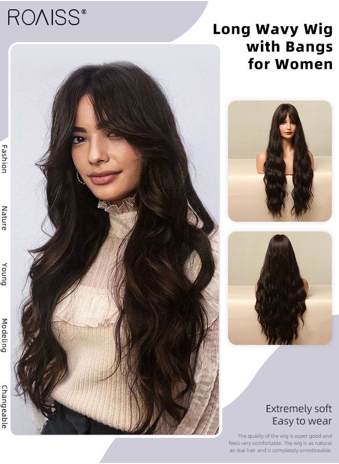 roaiss Long Wavy Wig with Bangs for Women Natural Soft Synthetic