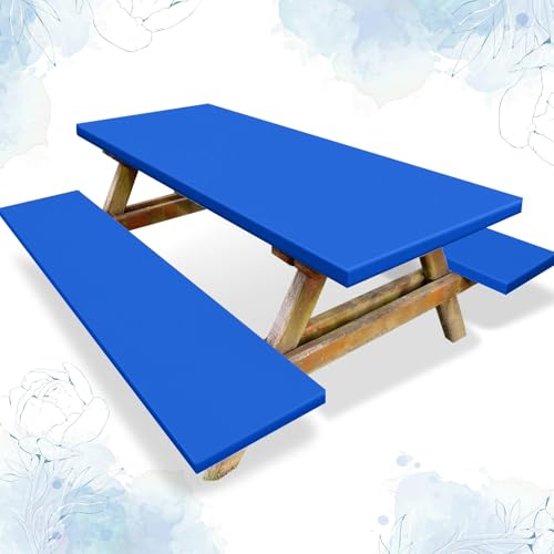 Irenare 3 Pcs Picnic Table and Bench Fitted Tablecloth Cover for 6 Ft Table 30 x 72 Inch Vinyl Fitted Elastic Edges Waterproof Wipeable Tablecloth for Indoor Outdoor Travel Picnics Patio Camping Blue 