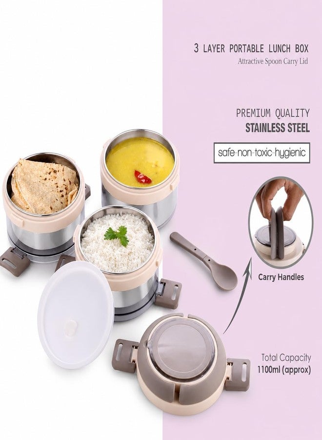 Ganraj Stainless Steel 3 Layer Portable Lunch Box with Attractive Spoon for Office & School Use/Food Grade/Air Tight/Easy to Carry/Leak Proof (1100ml) Cream - Image 3