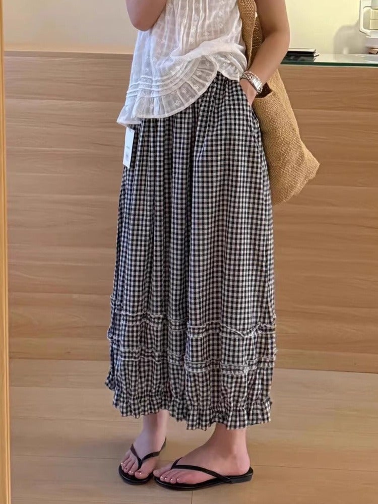 Qi Ta 2026 Summer Women's Wide Leg Pants with Lace and Plaid - High Waist, Loose Fit, Slimming Effect - Image 2