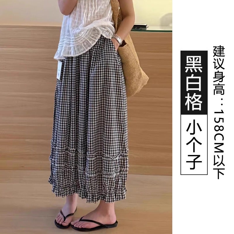 Qi Ta 2026 Summer Women's Wide Leg Pants with Lace and Plaid - High Waist, Loose Fit, Slimming Effect - Image 1