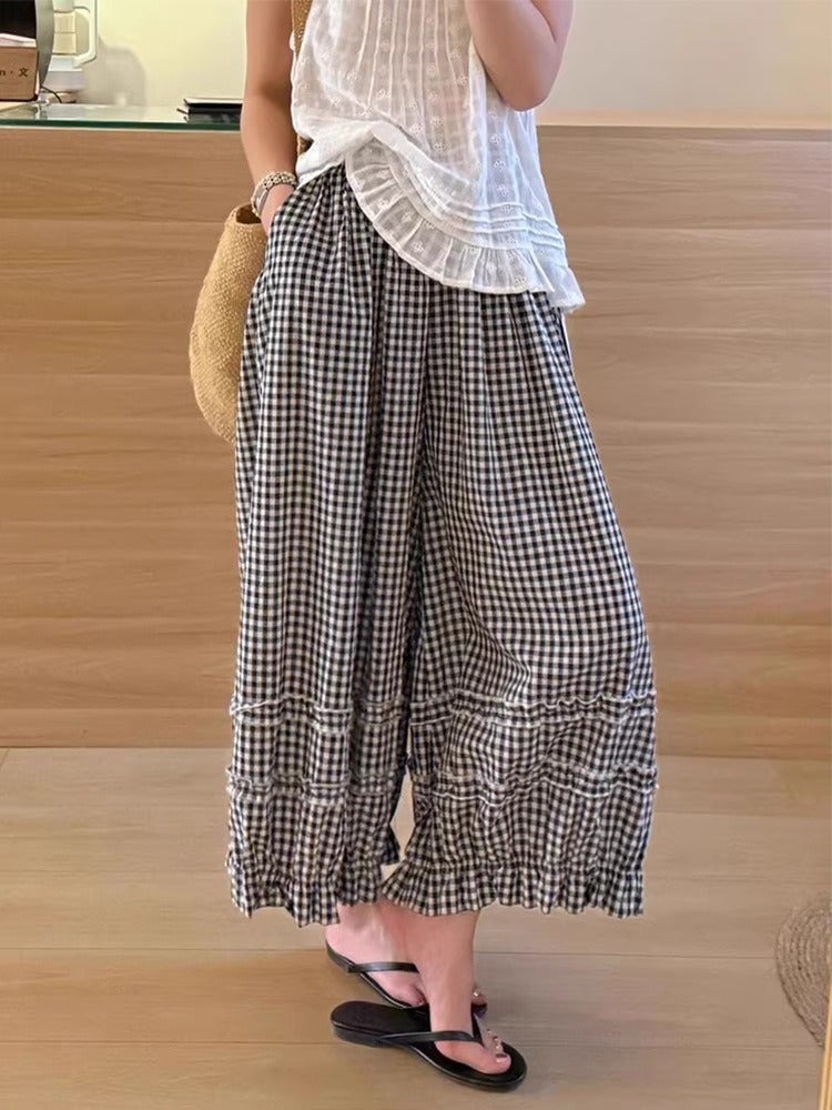 Qi Ta 2026 Summer Women's Wide Leg Pants with Lace and Plaid - High Waist, Loose Fit, Slimming Effect - Image 3