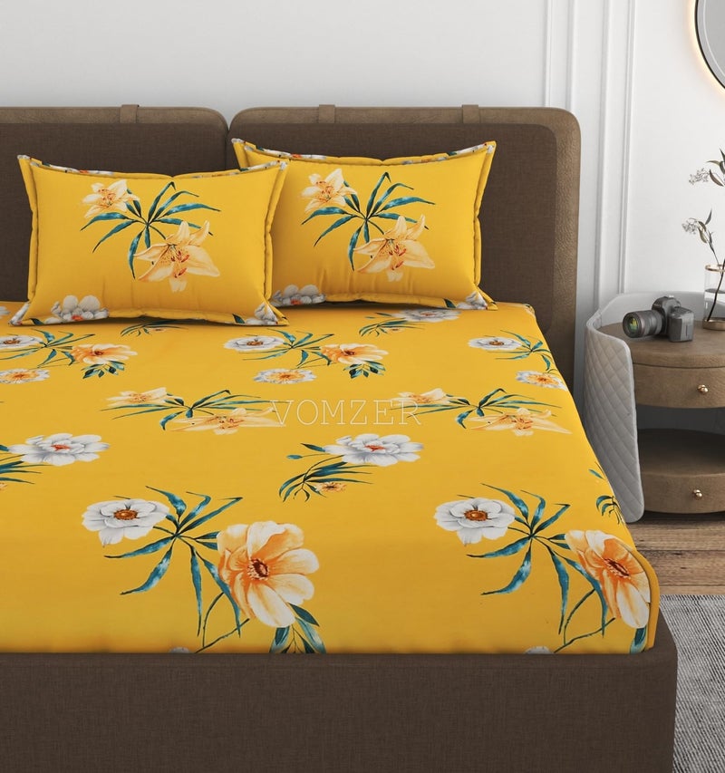 VOMZER 300 TC Cotton Feel King Size Flat Bedsheet for Double Bed with 2 Pillow Covers 90x100 Inch (Yellow Flower) - Image 5