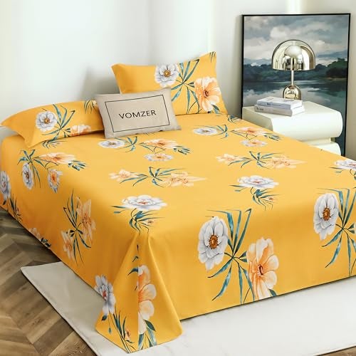 VOMZER 300 TC Cotton Feel King Size Flat Bedsheet for Double Bed with 2 Pillow Covers 90x100 Inch (Yellow Flower) - Image 1