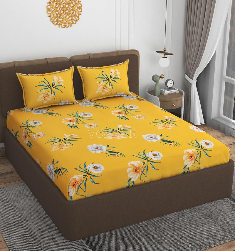 VOMZER 300 TC Cotton Feel King Size Flat Bedsheet for Double Bed with 2 Pillow Covers 90x100 Inch (Yellow Flower) - Image 2