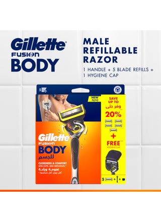 Fusion Body Men's Refillable Razor: Handle + 5 Blade Refills + Hygiene Cap - view 2