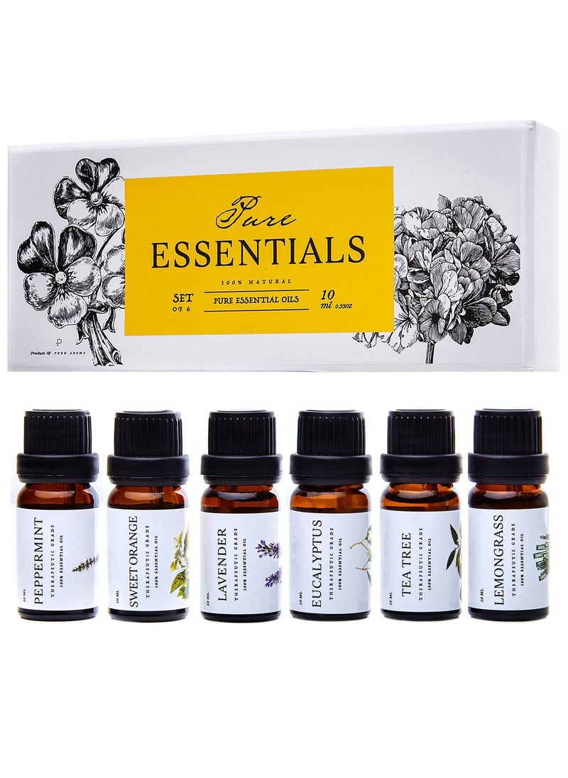 Pure Aroma Essential Oils Set Pure Essentials - Top 6 Aromatherapy Oils Gift Set for Diffusers, Home Care, Candel Making, Fragrance -Eucalyptus, Lavender, Lemongrass, Sweet Orange, Peppermint, Tea Tree (10ml) 