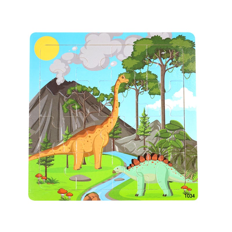 Wooden 16-Piece Puzzle For Kidsren Animal Dinosaur Cartoon Wooden Plane Puzzle Baby Early Education Educational Toys - Image 1
