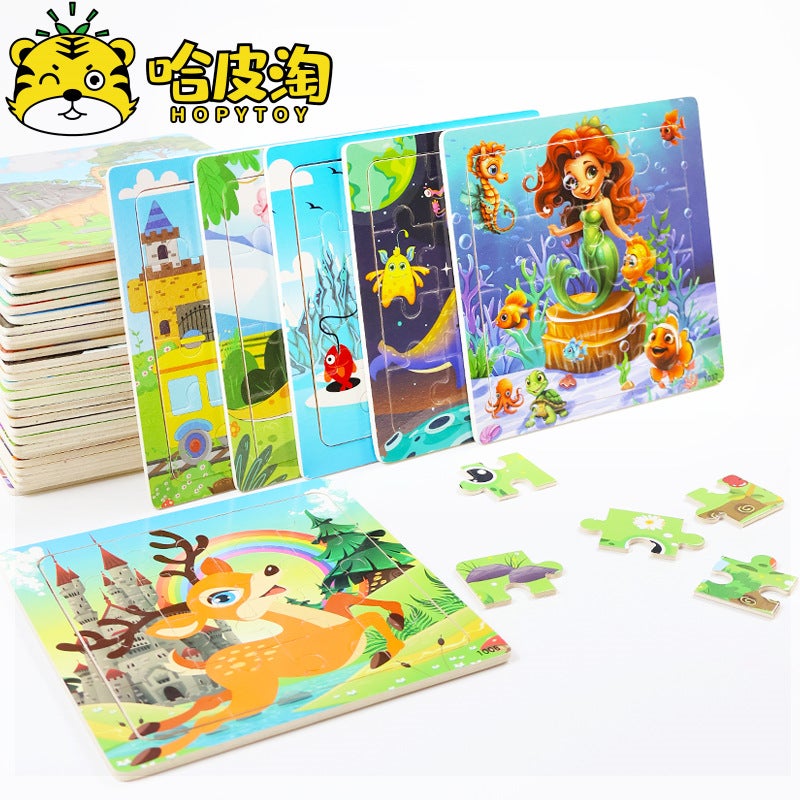 Wooden 16-Piece Puzzle For Kidsren Animal Dinosaur Cartoon Wooden Plane Puzzle Baby Early Education Educational Toys - Image 2