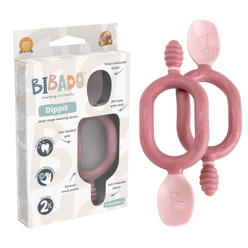 bibado 2 in 1 Easy Grip Spoon and Dipper for Self Feeding- Infants- Pink (Pack of 2) - Image 1