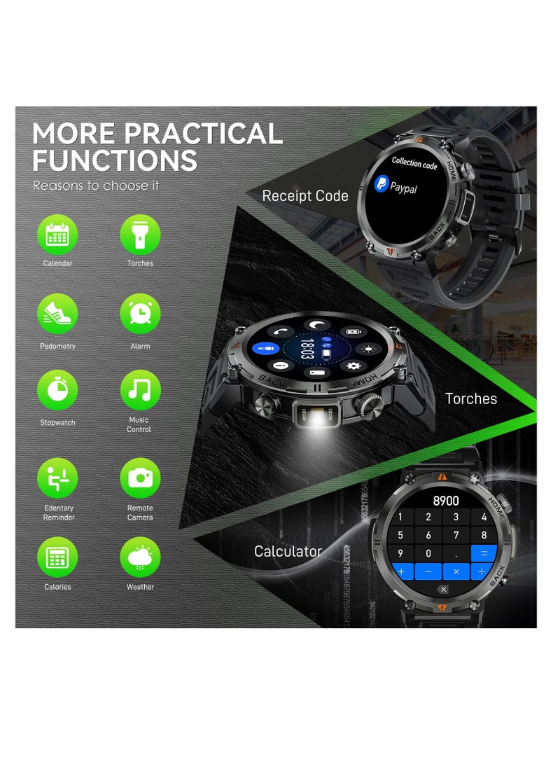 SYOSI Military Smart Watch for Men with LED Flashlight, 1.45 HD Outdoor Tactical Rugged Smartwatch (Call Receive/Dial), Sports Fitness Watch with Heart Rate Sleep for iPhone Android Phone - Image 5