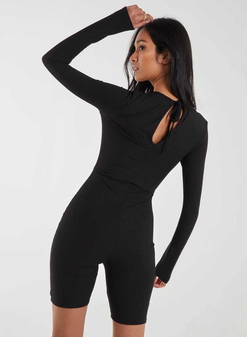 Pink Vanilla Ribbed Letterbox Long Sleeve Unitard With Cut Out Back