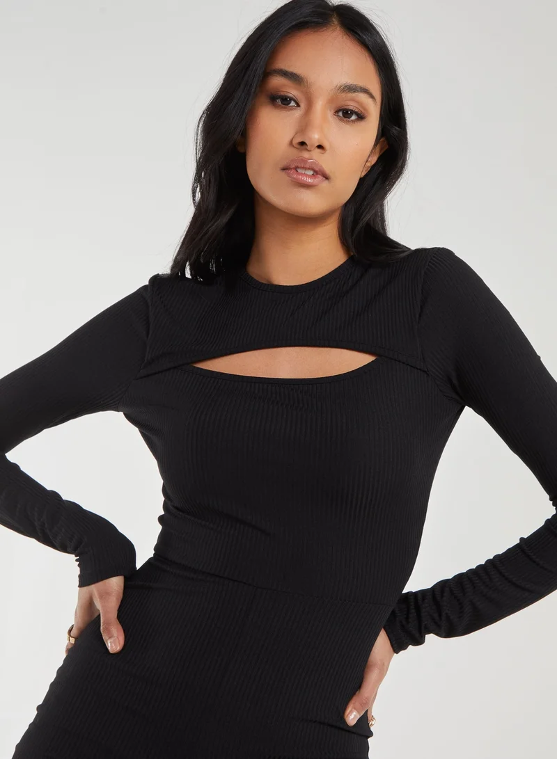 Pink Vanilla  Ribbed Letterbox Long Sleeve Unitard With Cut Out Back for Women | Best Price UAE