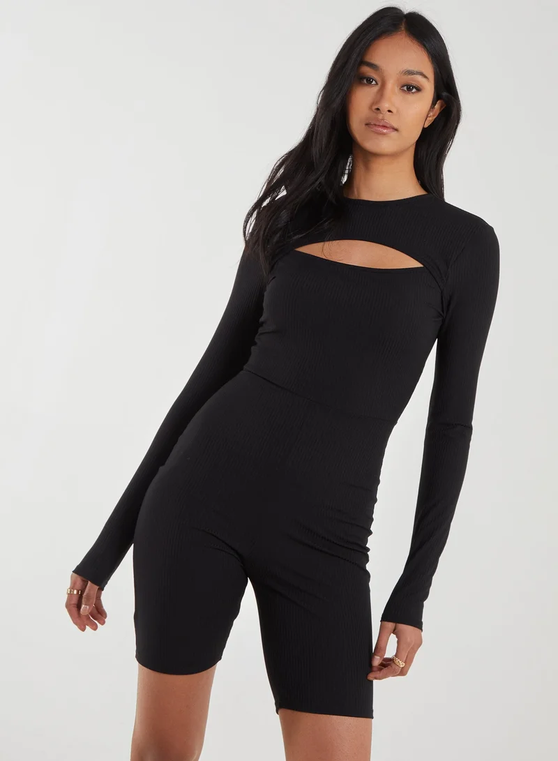 Pink Vanilla  Ribbed Letterbox Long Sleeve Unitard With Cut Out Back for Women | Best Price UAE