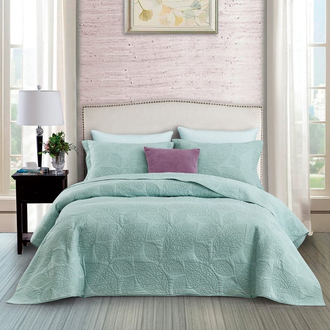 BOTANICAL COTTON QUILT KING SIZE REAL STITCHING LEAF PATTERN QUILTED BEDSPREAD COVERLET SET ULTRA SOFT LIGHTWEIGHT REVERSIBLE 3 PIECE LIGHT GREEN
