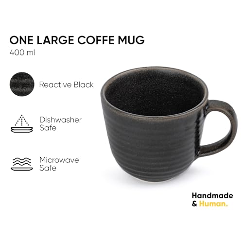 Shay Large Ribbed Black Ceramic Coffee Mug, 400ml | Glossy Finish | Microwave Safe - Image 2