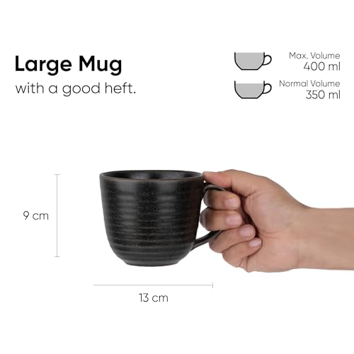 Shay Large Ribbed Black Ceramic Coffee Mug, 400ml | Glossy Finish | Microwave Safe - Image 3