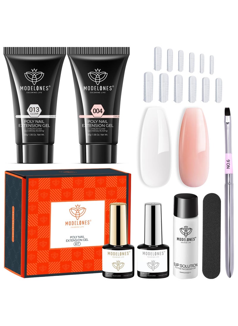modelones Modelones Poly Nail Gel Kit 30ml 2PCS with Slip Solution Top Base Coat Extension Builder Enhancement Professional Starter Kit DIY Salon Use 