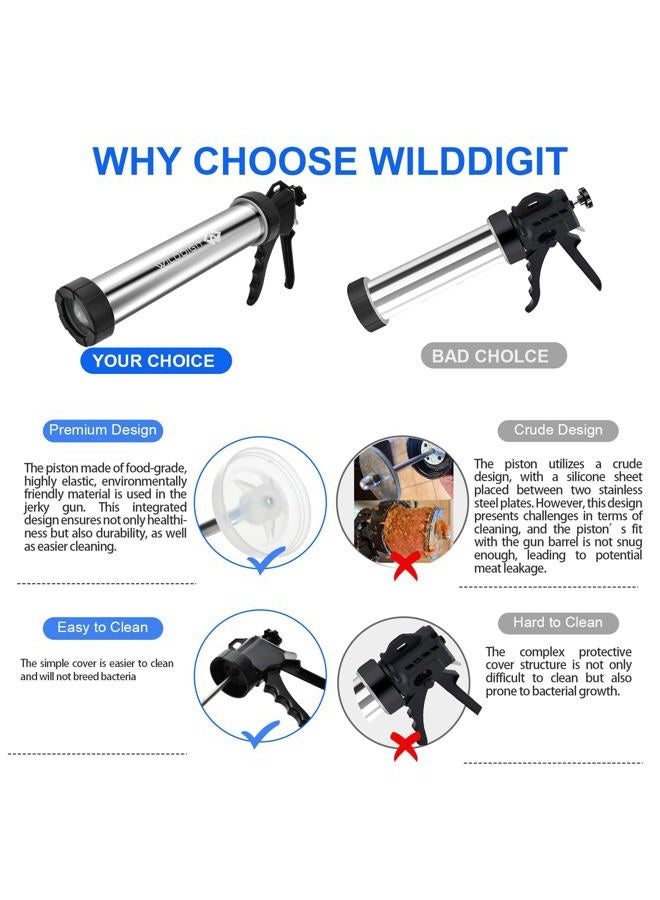 WILDDIGIT 3rd Gen 2.1 LB Professional Jerky Gun Kits, Sausage Stuffer, Stainless Steel Jerky Maker, Jerky Shooter, Beef Jerky Making Gun with 5 Nozzles, 1 meat pusher and 5 Cleaning Brushes - Image 2