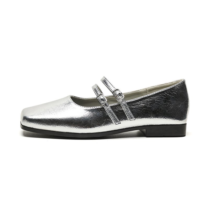 Chic Square Toe Flats French Mary Jane Womens Shoes Silver