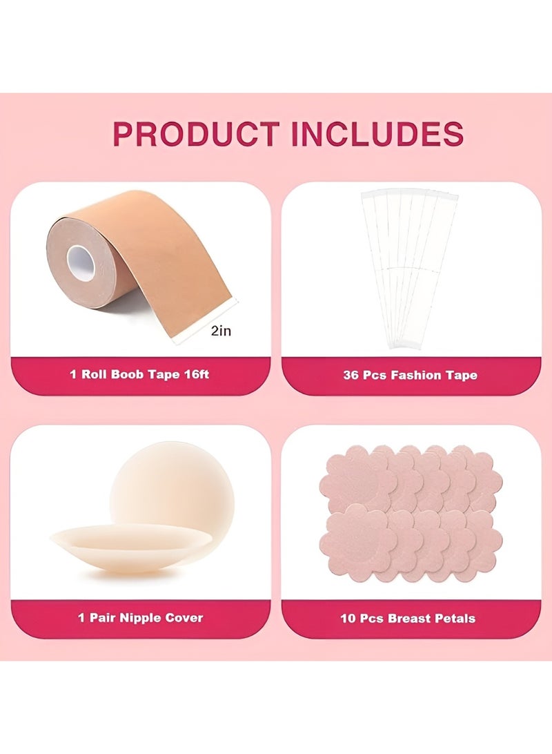 شارلي مجموعة تصفيف شريط الثدي - تتضمن لفة شريط رفع الثدي اللطيفة على البشرة، و36 شريطًا لاصقًا أنيقًا مزدوج الجوانب، و10 لاصقات حلمة للاستخدام مرة واحدة، وغطاء حلمة سيليكون قابل لإعادة الاستخدام - دعم غير مرئي للملابس بدون ظهر وبدون حمالات وملابس منخفضة الارتفاع - لاصق مقاوم للماء وذو درجة طبية - مثالي لأزياء النساء والفعاليات والثقة اليومية - Image 2