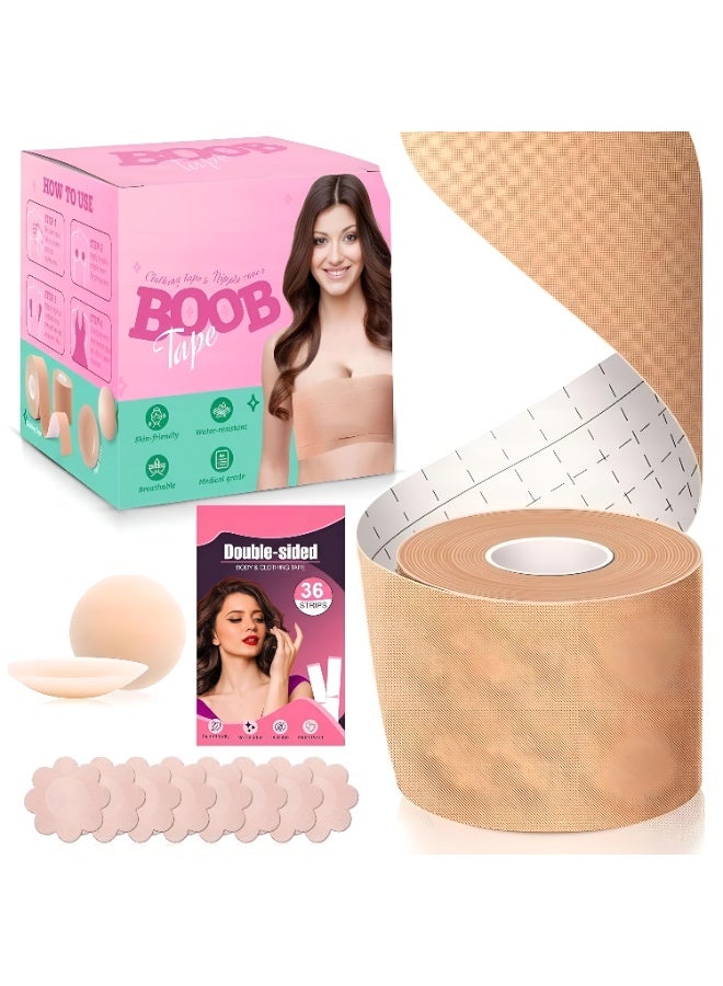 شارلي مجموعة تصفيف شريط الثدي - تتضمن لفة شريط رفع الثدي اللطيفة على البشرة، و36 شريطًا لاصقًا أنيقًا مزدوج الجوانب، و10 لاصقات حلمة للاستخدام مرة واحدة، وغطاء حلمة سيليكون قابل لإعادة الاستخدام - دعم غير مرئي للملابس بدون ظهر وبدون حمالات وملابس منخفضة الارتفاع - لاصق مقاوم للماء وذو درجة طبية - مثالي لأزياء النساء والفعاليات والثقة اليومية - Image 1