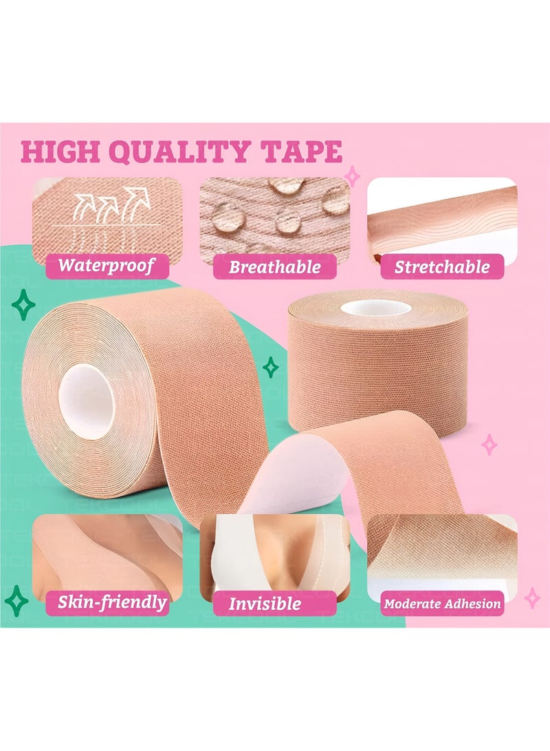 شارلي مجموعة تصفيف شريط الثدي - تتضمن لفة شريط رفع الثدي اللطيفة على البشرة، و36 شريطًا لاصقًا أنيقًا مزدوج الجوانب، و10 لاصقات حلمة للاستخدام مرة واحدة، وغطاء حلمة سيليكون قابل لإعادة الاستخدام - دعم غير مرئي للملابس بدون ظهر وبدون حمالات وملابس منخفضة الارتفاع - لاصق مقاوم للماء وذو درجة طبية - مثالي لأزياء النساء والفعاليات والثقة اليومية - Image 3