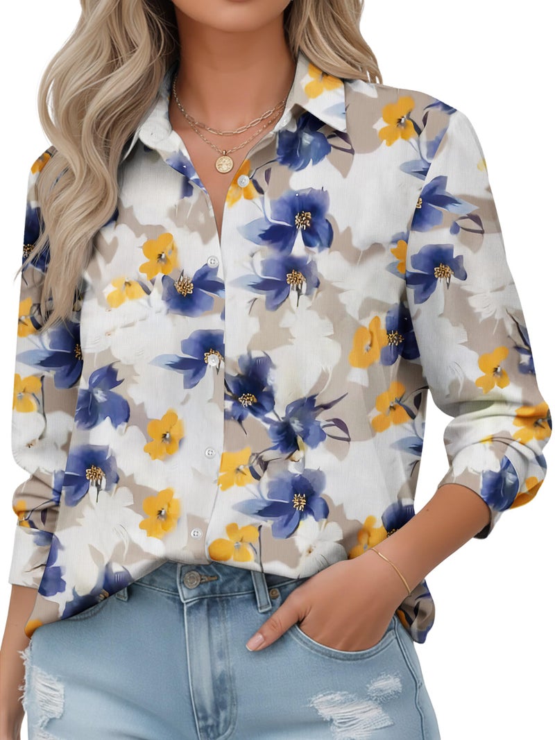 COUXILY Womens Button Down Blouse Long Sleeve Shirts for Women Tops Business Casual Shirt Work Dressy Fashion Formal Elegant Trending Classy Print Boho Hawaiian Tropical Blue Floral FL04 L - Image 1