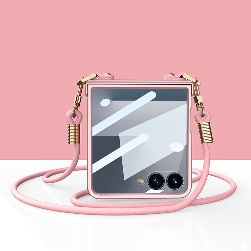 جي كي كي جراب هاتف Samsung Galaxy Z Flip7 5G مدمج فائق النحافة مع حزام مفصلي وغطاء كامل (وردي) - Image 1