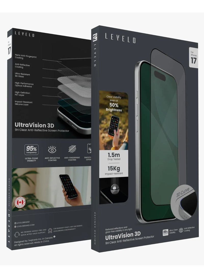 LEVELO iPhone 17 UltraVision 3D AR 9H Screen Protector / 1.5m Drop Tested / 15Kg Impact-Resistant / Anti-Reflective Coating / Impact-Resistant Silicone Layer - Clear - Image 5