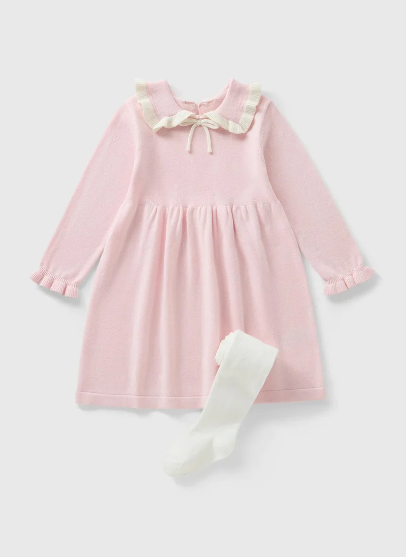 ماتلان فستان بناتي وردي محبوك بياقة مكشكشة مع جوارب