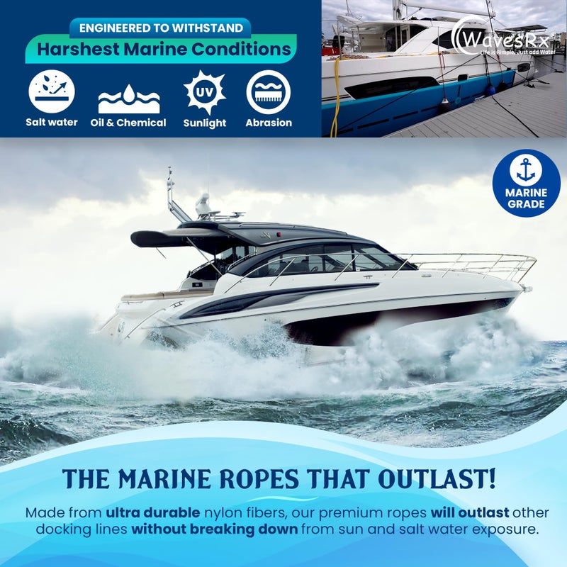 WAVESRX خطوط وحبال لرسو القوارب من النايلون الفاخر لرسو السفن مقاس 1/2 بوصة × 20 بوصة | حبل بحري مضفر مزدوج وخط رباط| حبال القارب لرسو السفن مع حلقة | حبال قفص الاتهام المقاومة للأشعة فوق البنفسجية والمياه المالحة للقوارب والطوافات - Image 3