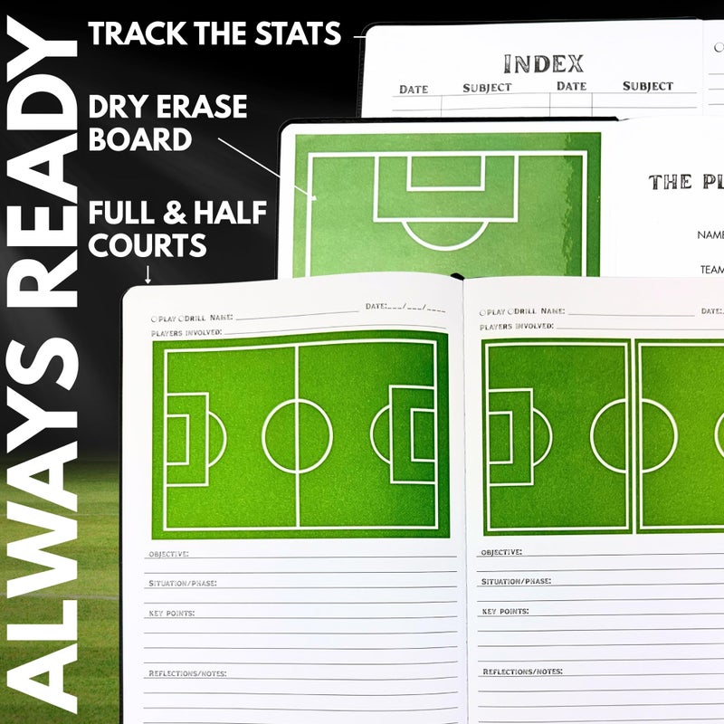 Field Equipt Soccer Coach Playbook Planner & Notebook, Dry Erase Back Cover Tactical Board, Black Vegan Leather Journal for Drills & Strategy, Coaching Essentials & Soccer Coach Gifts - Image 2