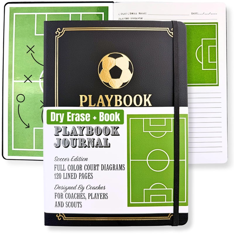 Field Equipt Soccer Coach Playbook Planner & Notebook, Dry Erase Back Cover Tactical Board, Black Vegan Leather Journal for Drills & Strategy, Coaching Essentials & Soccer Coach Gifts - Image 1