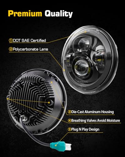 4X4FLSTC 7-Inches LED Headlights H6024 Round Non-halo Compatible with Jeep Wrangler TJ LJ CJ JK JKU Ford Chevy GMC Miata etc High/Low Sealed Beam Headlamp Replacement DOT Approved Black 1 Pair - Image 5