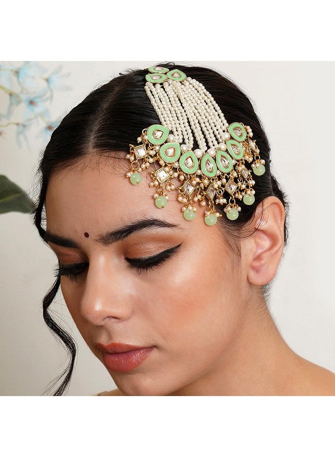 Karatcart Gold Plaated Light Green Meena and Beads Studded Kundan Passa for Women - Image 2