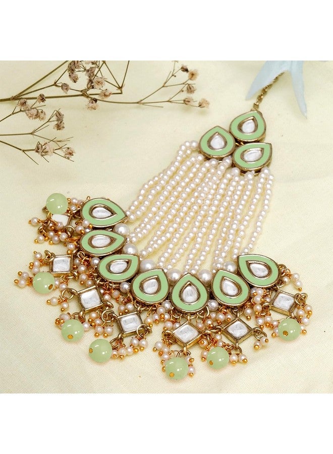 Karatcart Gold Plaated Light Green Meena and Beads Studded Kundan Passa for Women - Image 3