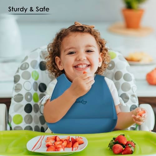 CUBKINS Soft Silicone Baby Bib for Feeding & Weaning Babies, Toddlers | Washable & Reusable, Non-Messy Easy to Clean, No Bad Odour, Adjustable Neck Bank with Buttons (Blue Olive) - Image 5