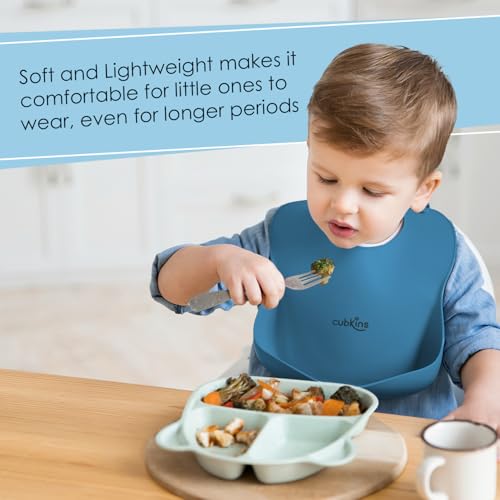 CUBKINS Soft Silicone Baby Bib for Feeding & Weaning Babies, Toddlers | Washable & Reusable, Non-Messy Easy to Clean, No Bad Odour, Adjustable Neck Bank with Buttons (Blue Olive) - Image 2