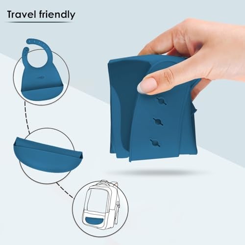 CUBKINS Soft Silicone Baby Bib for Feeding & Weaning Babies, Toddlers | Washable & Reusable, Non-Messy Easy to Clean, No Bad Odour, Adjustable Neck Bank with Buttons (Blue Olive) - Image 3