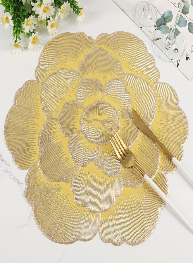 Mabbcoo Placemats Set of 6, Gold Round Placemats for Dining Table Pressed Vinyl Metallic Flower Table Mats Washable and Wipeable Place Mats for Wedding Party Kitchen Decorations - Image 1