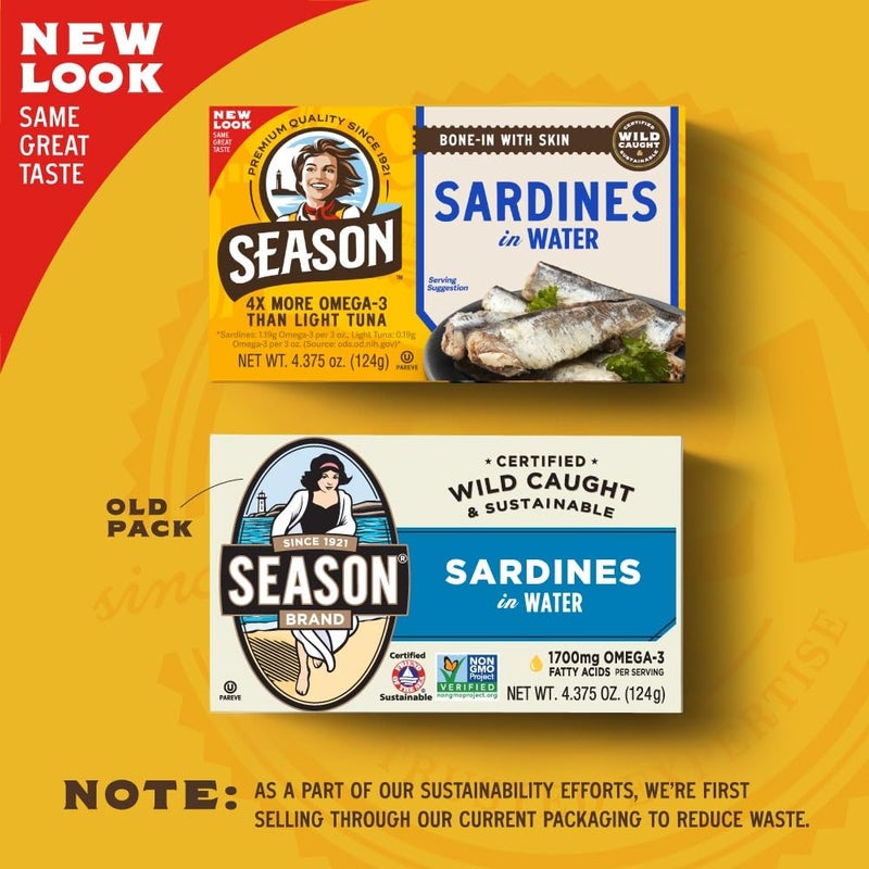 Season Sardines in Water - Wild Caught Fish, 22g of Protein, Keto Snacks, More Omega 3's Than Tuna, High in Calcium, Canned Sardines - 4.37 Oz Tins, 12-Pack - Image 2