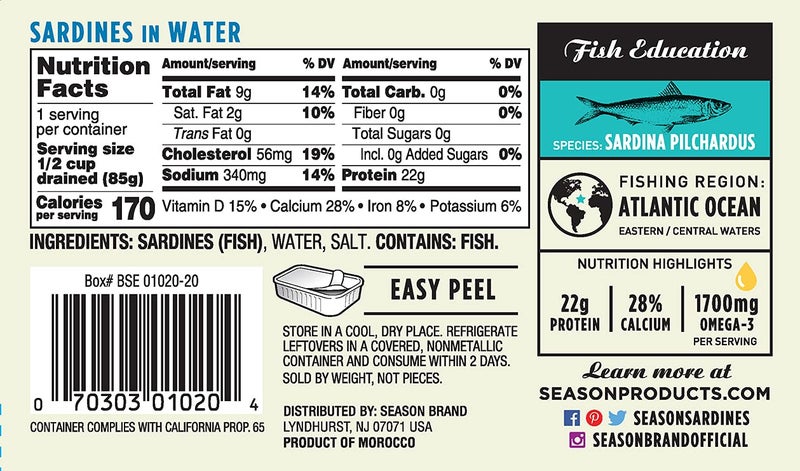 Season Sardines in Water - Wild Caught Fish, 22g of Protein, Keto Snacks, More Omega 3's Than Tuna, High in Calcium, Canned Sardines - 4.37 Oz Tins, 12-Pack - Image 3