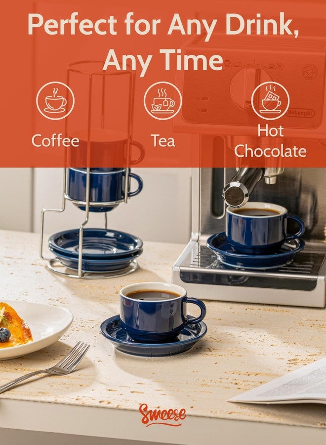 Sweese 8 Ounce Porcelain Stackable Cappuccino Cups with Saucers and Metal Stand - for Specialty Coffee Drinks, Cappuccino, Latte, Americano and Tea - Set of 4, Navy - Image 4
