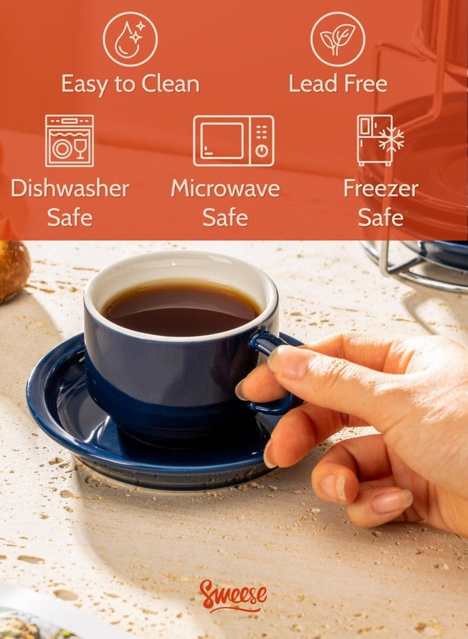 Sweese 8 Ounce Porcelain Stackable Cappuccino Cups with Saucers and Metal Stand - for Specialty Coffee Drinks, Cappuccino, Latte, Americano and Tea - Set of 4, Navy - Image 3