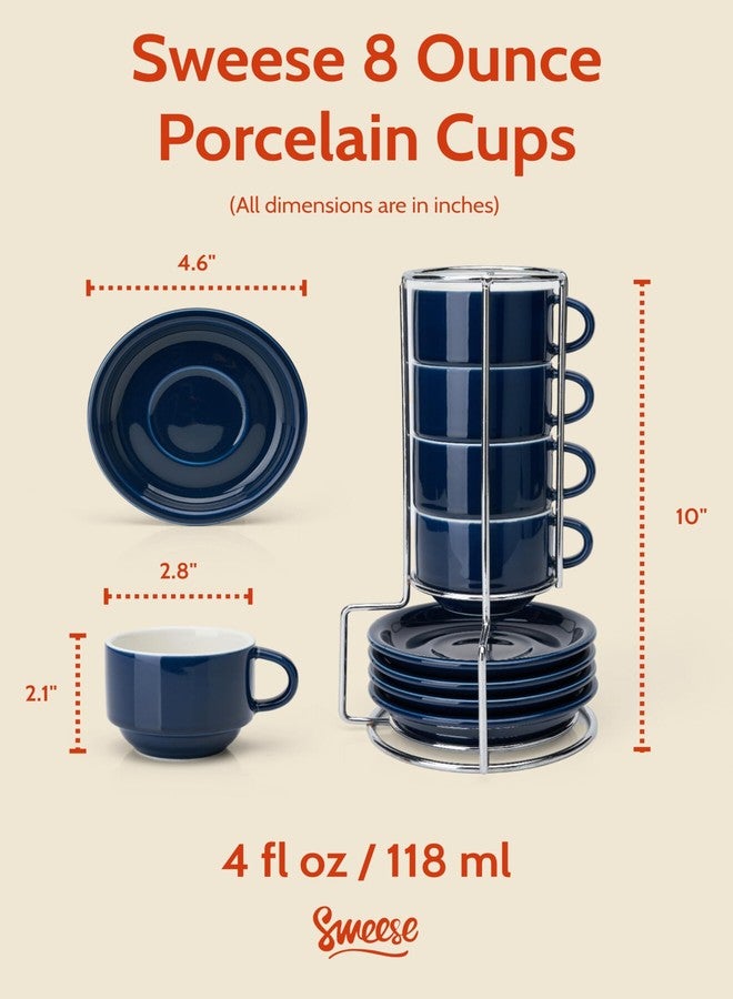 Sweese 8 Ounce Porcelain Stackable Cappuccino Cups with Saucers and Metal Stand - for Specialty Coffee Drinks, Cappuccino, Latte, Americano and Tea - Set of 4, Navy - Image 2