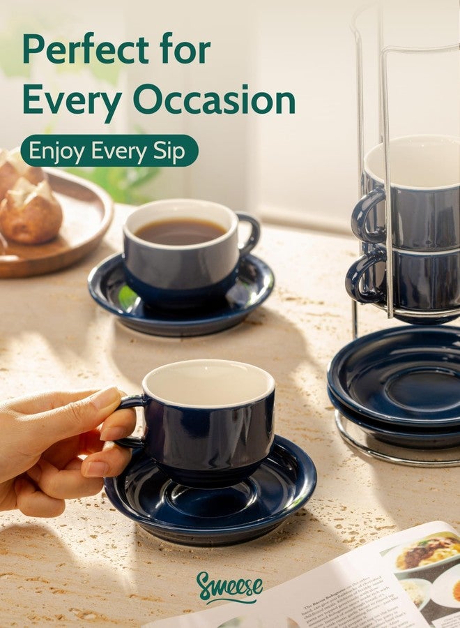 Sweese 8 Ounce Porcelain Stackable Cappuccino Cups with Saucers and Metal Stand - for Specialty Coffee Drinks, Cappuccino, Latte, Americano and Tea - Set of 4, Navy - Image 5
