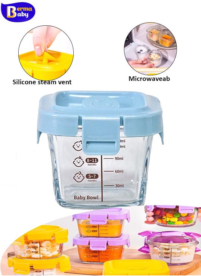 Berma Baby برطمانات زجاجية لتخزين طعام الأطفال مع أغطية (وجبات خفيفة، حاويات صغيرة قابلة لإعادة الاستخدام، حليب الثدي، آمنة للاستخدام في الثلاجة والفريزر والميكروويف وغسالة الأطباق، ضرورية للأطفال الرضع باللون الأزرق  - Image 1