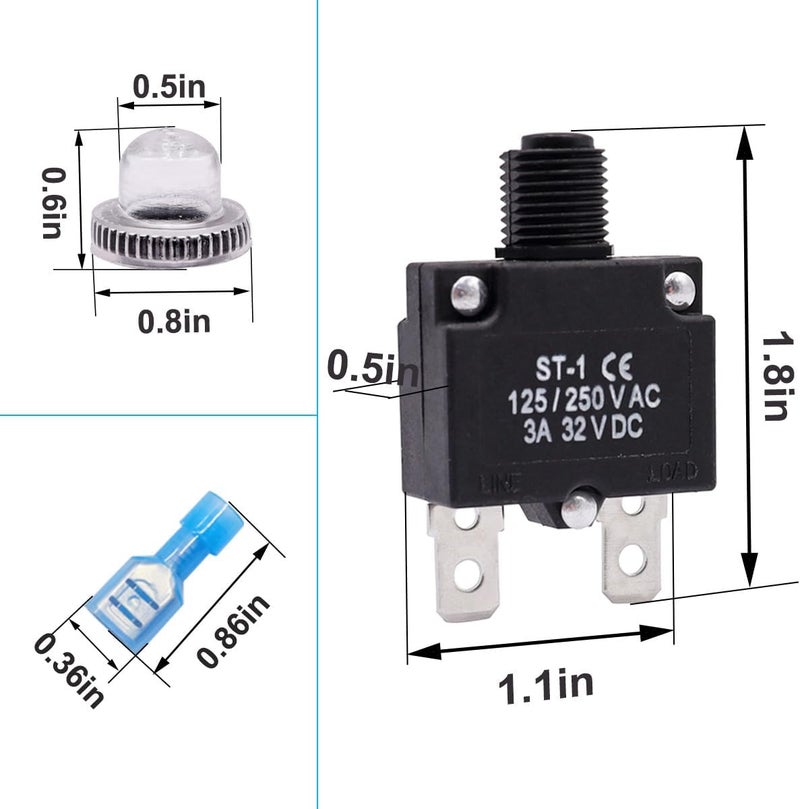 mxuteuk 5Pcs 3,5,10,15,20Amp Circuit Breakers Push Button Manual Reset 125/250V AC 32V DC,Overload Protector Switch Thermal Circuit Breakers with Quick Connect Terminals and Waterproof Button Caps - Image 2