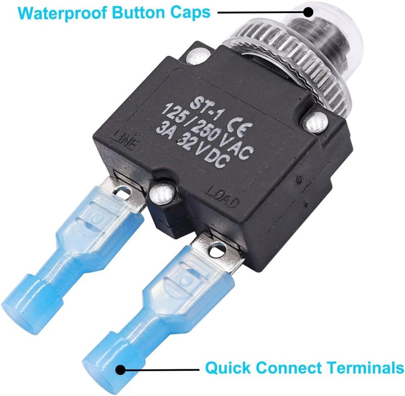 mxuteuk 5Pcs 3,5,10,15,20Amp Circuit Breakers Push Button Manual Reset 125/250V AC 32V DC,Overload Protector Switch Thermal Circuit Breakers with Quick Connect Terminals and Waterproof Button Caps - Image 3